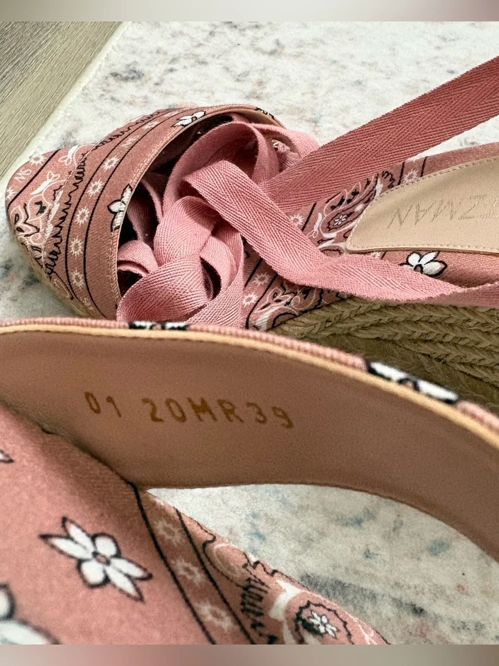 STUART WEITZMAN, Authentic Illeana Lace Up Wedges, Pink Paisley Bandana Print - Picture 6 of 7